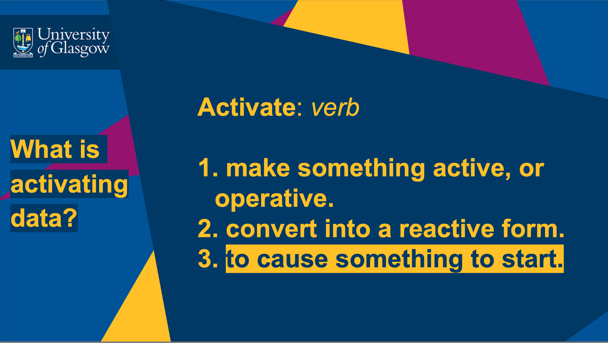 A powerpoint slide explaining the meaning of the word activate. Highlighted text reads 'to cause something to start'